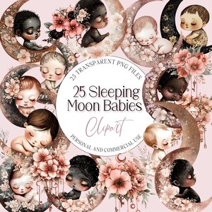 25 zoete zwart-witte maan baby-clipart – slapende baby – glitter Crescent Lunar – roze bloemen – roségouden bedels – commercieel gebruik