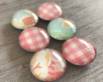 Afternoon Tea Magnets. Set of 6, 1 inch (25mm) Round Glass Magnets for Home, Office or School Decor - Fridge Magnets. Flowers and Gingham.