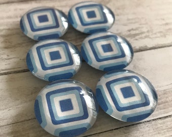 Blue Modern Squares Magnets. Set of 6, 1 inch (25mm) Round Glass Magnets for Home, Office or School Decor - Fridge Magnets