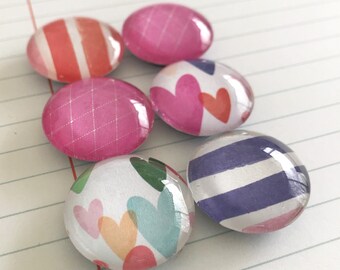 Bright Heart Magnets. Set of 6, 1 inch (25mm) Round Glass Magnets for Home, Office or School Decor - Fridge Magnets