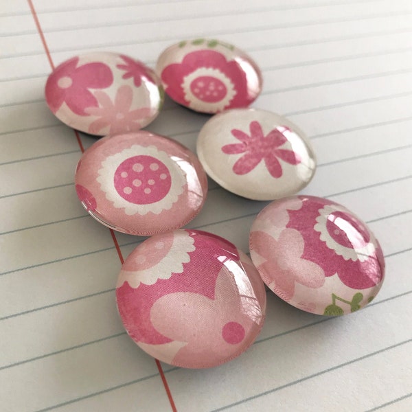 Tickled Pink Flowers Magnets. Set of 6, 1 inch (25mm) Round Glass Magnets for Home, Office or School Decor - Fridge Magnets