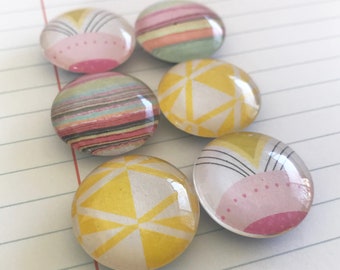 Colorful Magnets. Set of 6, 1 inch (25mm) Round Glass Magnets for Home, Office or School Decor - Fridge Magnets