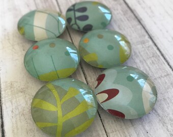 Muted Teal Botanical Print Magnets. Set of 6, 1 inch (25mm) Round Glass Magnets for Home, Office or School Decor - Fridge Magnets