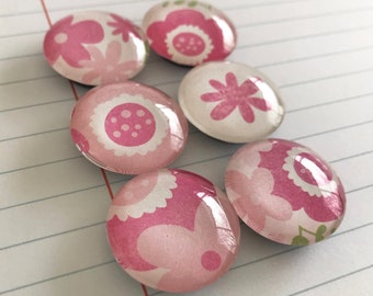 Tickled Pink Flowers Magnets. Set of 6, 1 inch (25mm) Round Glass Magnets for Home, Office or School Decor - Fridge Magnets