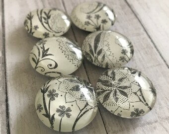 Paisley Floral Magnets. Set of 6, 1 inch (25mm) Round Glass Magnets for Home, Office or School Decor. Black on Cream Background.