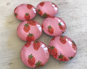 Strawberry Magnets. Set of 6, 1 inch (25mm) Round Glass Magnets for Home, Office or School Decor.