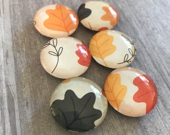 Fall Leaves Magnets. Set of 6, 1 inch (25mm) Round Glass Magnets. For Home, Office or School Decor. Thanksgiving.