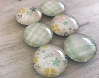 Pretty Floral Gingham Magnets. Set of 6, 1 inch (25mm) Round Glass Magnets for Home, Office or School Decor - Fridge Magnets