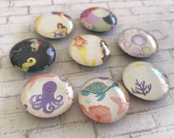 Mermaid Magnets. Gift Tin Set of 8, 1 inch (25mm) Round Glass Magnets. For Home, Office or School Decor.