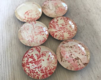 Shabby Faded Tapestry Magnets. Set of 6, 1 inch (25mm) Round Glass Magnets for Home, Office or School Decor.