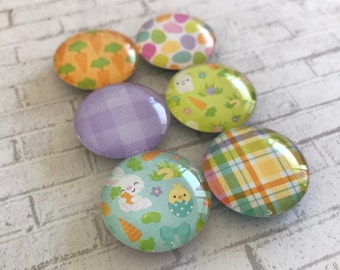 Spring Easter Magnets. Set of 6, 1 inch (25mm) Round Glass Magnets. For Home, Office or School Decor or Easter Basket Gift.