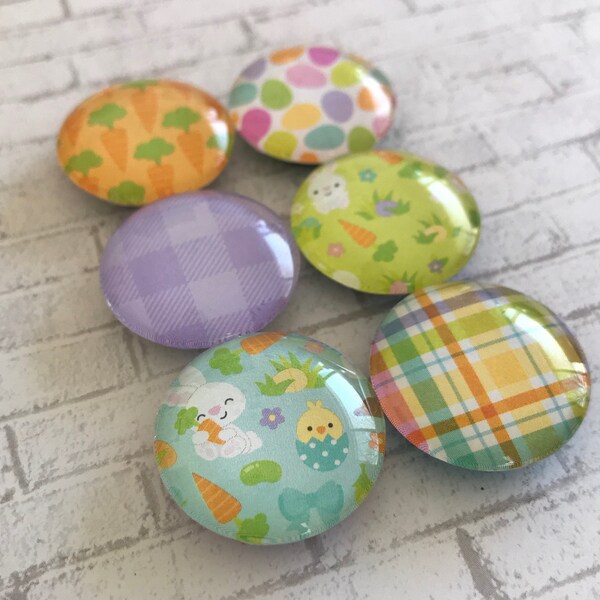 Spring Easter Magnets. Set of 6, 1 inch (25mm) Round Glass Magnets. For Home, Office or School Decor or Easter Basket Gift.
