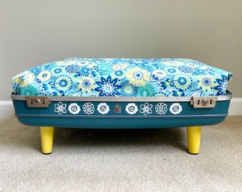 Vintage Suitcase Pet Bed with Legs and Floral Print for Dog or Cat