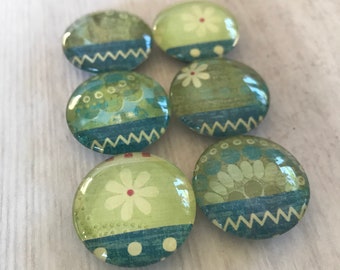 Casual Blue & Green Print Magnets. Set of 6, 1 inch (25mm) Round Glass Magnets for Home, Office or School Decor. Denim. Relaxed.