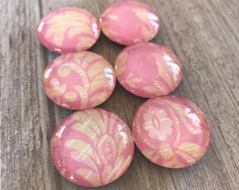 Pink Brocade Print Magnets. Set of 6, 1 inch (25mm) Round Glass Magnets for Home, Office or School Decor.