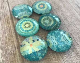 Distressed Blues Magnets. Set of 6, 1 inch (25mm) Round Glass Magnets for Home, Office or School Decor.