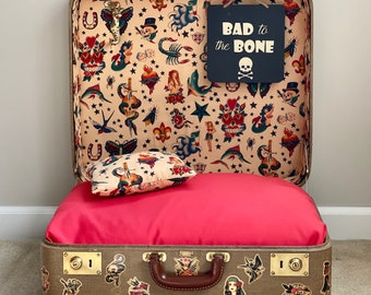 Bad to the Bone - Vintage Suitcase Pet Bed Tattoo Print for Dog or Cat