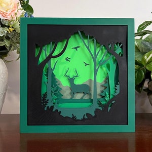 3D Printed Deer Forest Shadow Box: Cabin Wall Art