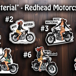 "Fun and Sexy 'Wife Material' - Rothaarige Motorrad Frau Aufkleber."