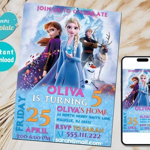 Gefrorene bearbeitbare digitale Geburtstagseinladung | Druckbare Einladungen zur Geburtstagsparty Mädchen Geburtstag, Elsa, Anna, Kinder einladen Vorlage