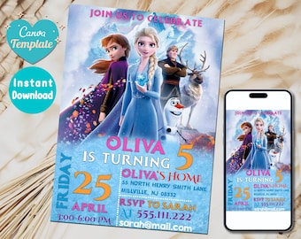 May include: A Frozen-themed birthday invitation for a girl turning 5. The invitation features a blue and white background with images of Elsa, Anna, Olaf, and Kristoff. The text on the invitation reads "Olivia is turning 5" and includes the date, time, and location of the party.