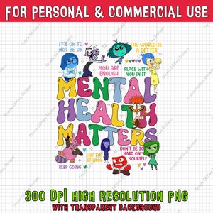 Może przedstawiać: Kolorowa ilustracja cyfrowa postaci z filmu W głowie się nie mieści, z napisem "Zdrowie psychiczne ma znaczenie" w dużych, kolorowych literach. Postacie wyrażają różne emocje, w tym smutek, radość, gniew, strach i odrazę. Tekst "W porządku jest nie czuć się dobrze", "Jesteś wystarczający", "Twoje miejsce jest tu", "Zakończ stygmatyzację", "Idź naprzód", "Nie bądź tak surowy dla siebie" jest również zawarty w obrazie.