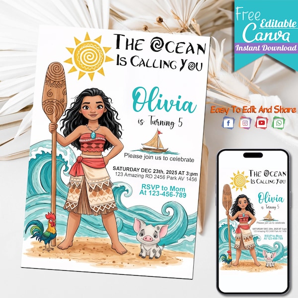Editable Moana Any Age Invitation | Moana Invite | Hawaiian Kids Party Template | Digital Birthday Invite | Instant Download Invitation