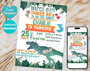 Three Rex Invitation | Three Rex Birthday Invitation | Dino Birthday Part Invite Printable Dinosaur T-Rex Invite Template | Instant Download