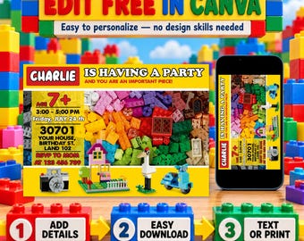 May include: A digital birthday party invitation template featuring a colorful building block theme. The text reads Charlie is having a party and you are an important piece, with placeholders for age, date, time, address, and contact information.