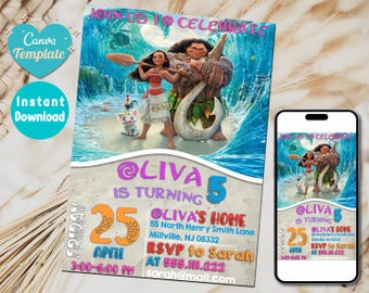 Moana Birthday Invitation | Moana Baby Kids Birthday Invitation Template Editable-Printable | For Girl invitation | Invite Instant Download