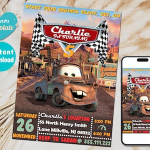 Cars Mater Birthday Invitation | Kids Birthday Invitation | Car Mater Invitation | Editable Personalized Canva Printable Digital Invitation