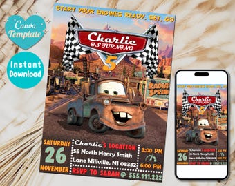 Cars Mater Birthday Invitation | Kids Birthday Invitation | Car Mater Invitation | Editable Personalized Canva Printable Digital Invitation