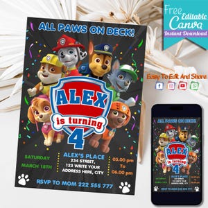 Modello di invito di compleanno Paw-ty modificabile / Invito alla festa stampabile per bambini / Puppy Patrol Pup Crew Boys & Girls Bday / Download immediato