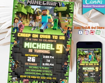 Editable Minecraft Birthday Invitation | Mine Invite Template | Minecrafter birthday invitations | Editable in Canva Invite Instant Download