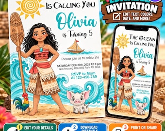 Puede incluir: Una plantilla de invitación de cumpleaños digital con un personaje de dibujos animados sosteniendo un remo de madera, un cerdito, un gallo y un velero en una playa. El texto dice: The Ocean Is Calling You, Olivia is Turning 5, 23 dic. 2025.