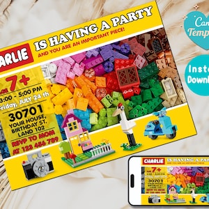 Kids Birthday Invitation Template Printable | Building Blocks Birthday Invitation | Building Brick Birthday Invite, Instant Digital Download