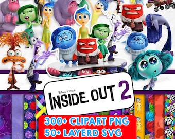 May include: A digital clipart set featuring characters from the Disney Pixar movie Inside Out 2. The set includes 300+ clipart PNG files, 50+ layered SVG files, and 40 digital papers. The characters are depicted in various poses and expressions, including Joy, Sadness, Anger, Fear, and Disgust.