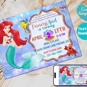 Invitation d'anniversaire de la petite sirène Ariel, carte d'invitation de fête d'invitation de petite sirène, princesse de sirène de partie d'invitation, téléchargement immédiat