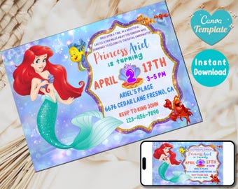 Little mermaid Ariel Birthday invitation, Little Mermaid invite party invite card, Invite Party Mermaid Princess, INSTANT DOWNLOAD