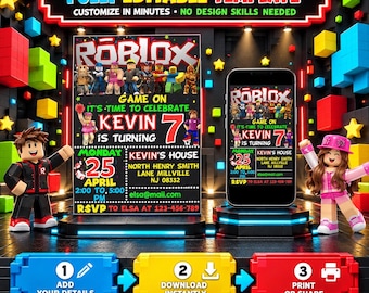 Op de afbeelding: Een digitaal verjaardagsuitnodigingssjabloon met Roblox-thema met de tekst 'ROBLOX', 'GAME ON IT'S TIME TO CELEBRATE', 'KEVIN IS TURNING 7', 'MONDAY 25 APRIL', 'KEVIN'S HOUSE' en RSVP-details, weergegeven op een groot bord en een smartphone.