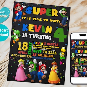 Convite digital de aniversário de Super Mario Bros, modelo editável digital para download instantâneo Canva impresso digitalmente | Convidar download instantâneo