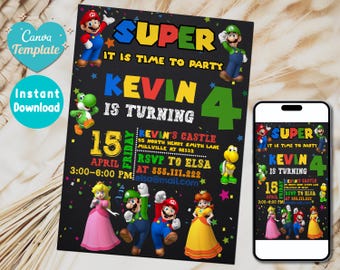 Super Mario Bros Digital Birthday Invitation, Instant Download Digital Editable Template Canva Digital Printed  | Invite Instant Download
