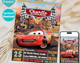 Cars Birthday Invitation | Kids Birthday Invitation | Lightning McQueen Invitation, Editable Personalized Canva Printable Digital Invitation