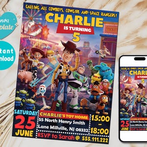 May include: A colorful birthday party invitation featuring characters from the Toy Story movie franchise. The invitation is for a child named Charlie who is turning five. The invitation includes the text "Calling all cowboys, cowgirl and space rangers! Charlie is turning 5." and details about the party, including the date, time, and location.