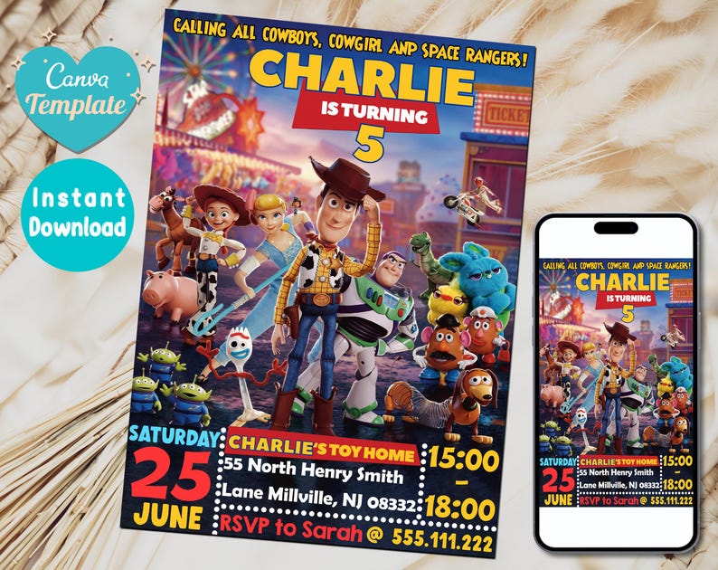 May include: A colorful birthday party invitation featuring characters from the Toy Story movie franchise. The invitation is for a child named Charlie who is turning five. The invitation includes the text "Calling all cowboys, cowgirl and space rangers! Charlie is turning 5." and details about the party, including the date, time, and location.