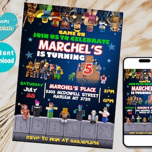Roblox Invitation | Roblox Birthday Invitation | Roblox Game Party | Kids Roblox Invite | Printable Editable Template Canva Instant Download