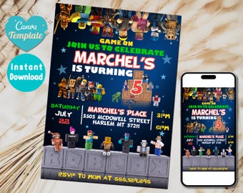 Roblox Invitation | Roblox Birthday Invitation | Roblox Game Party | Kids Roblox Invite | Printable Editable Template Canva Instant Download