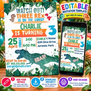 Op de afbeelding: Een verjaardagsuitnodigingssjabloon met dinosaurus-thema met de tekst WATCH OUT! THREE REX IS ON THE LOOSE! CHARLIE IS TURNING 3, groene tropische bladeren, een groot silhouet van een T-Rex en de details van het evenement op 25 april.