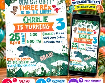 Puede incluir: Una plantilla de invitación de cumpleaños con temática de dinosaurios con el texto WATCH OUT! THREE REX IS ON THE LOOSE! CHARLIE IS TURNING 3, hojas tropicales verdes, una gran silueta de T-Rex y los detalles del evento del 25 de abril.