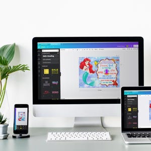 May include: A computer screen displaying the Canva website with a mermaid-themed birthday invitation design. The invitation features a cartoon mermaid with red hair and a purple tail. The text on the invitation reads "Princess [Name] is turning 2!" and includes the date and time of the party. The invitation is surrounded by a blue and purple background with bubbles and seashells.